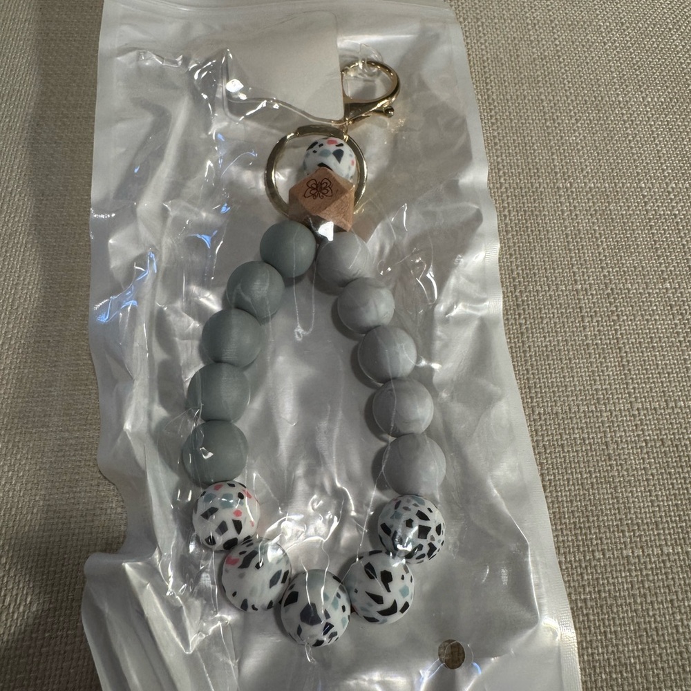 Gray and White Beaded Keychain